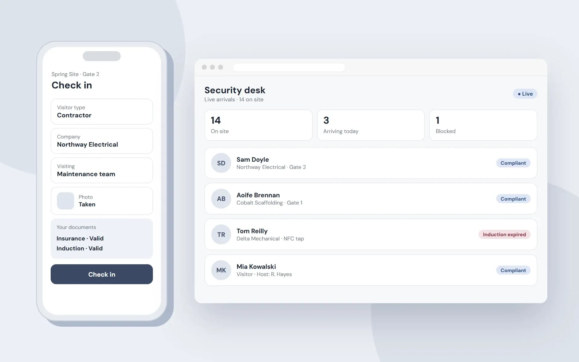 Sample screens of a visitor check-in platform: a phone check-in form and a live security desk with compliance badges
