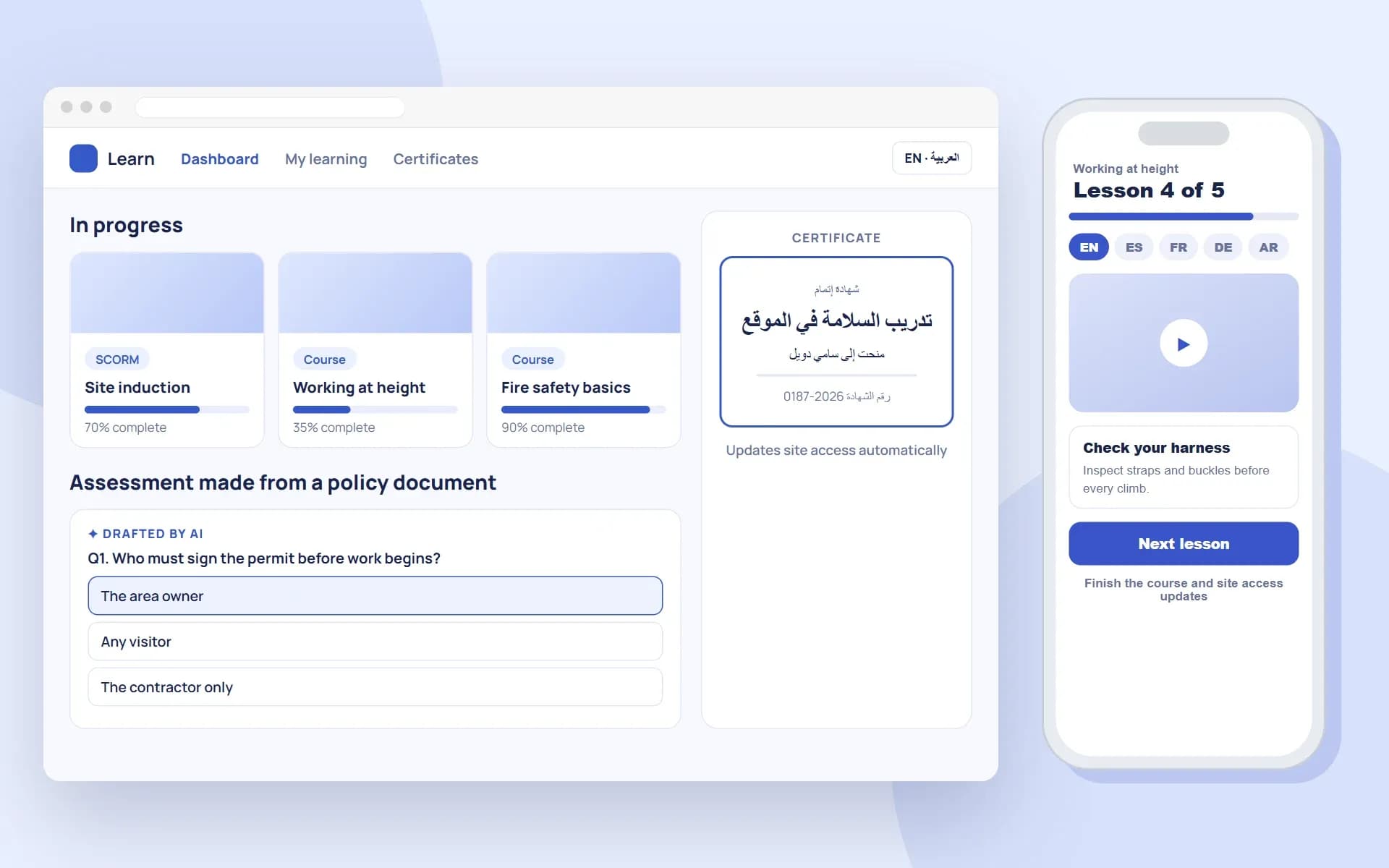 Sample screens of a learning platform: a learner dashboard with courses, an AI drafted assessment and an Arabic certificate, next to a learner app on a phone