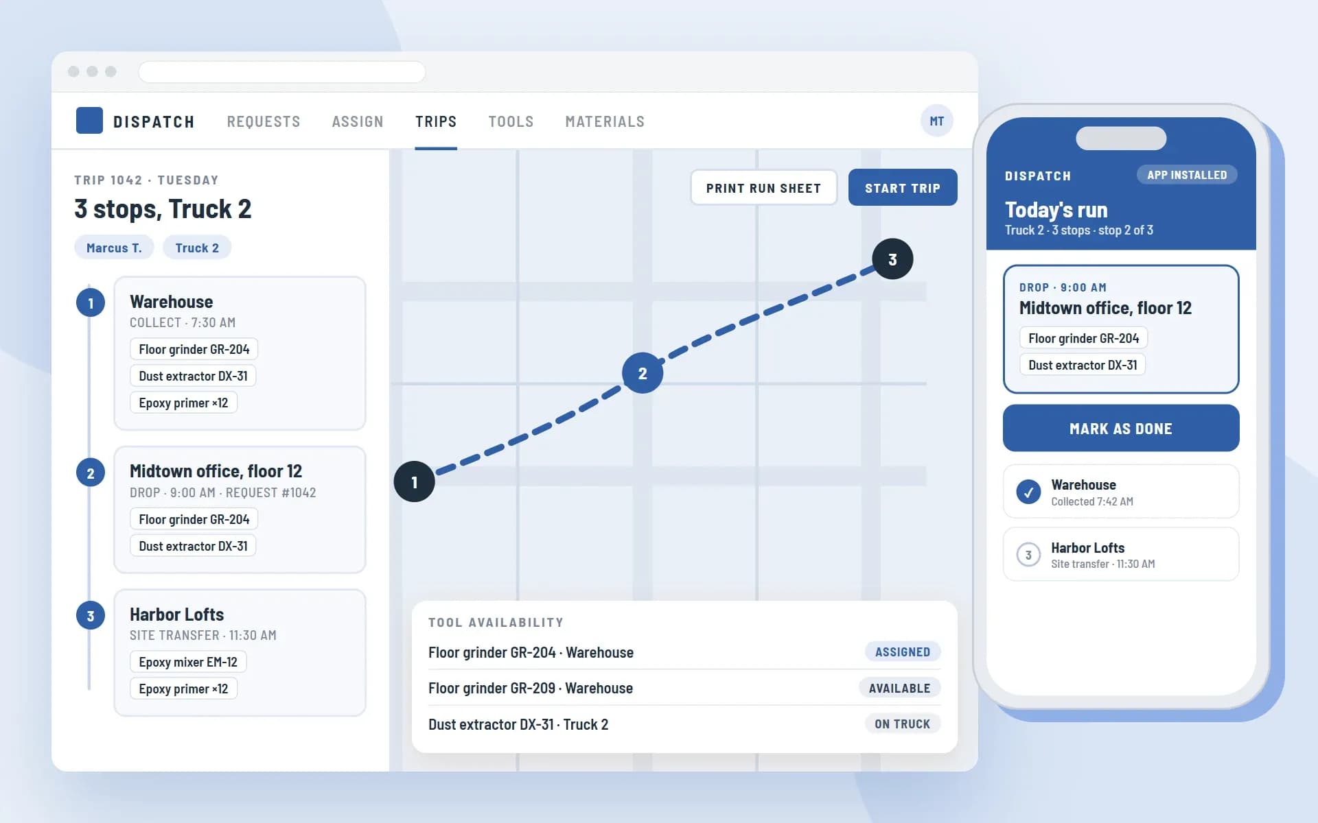 Sample screens of a logistics system: a three-stop trip plan with tool availability in a browser and the installed phone app showing today's run