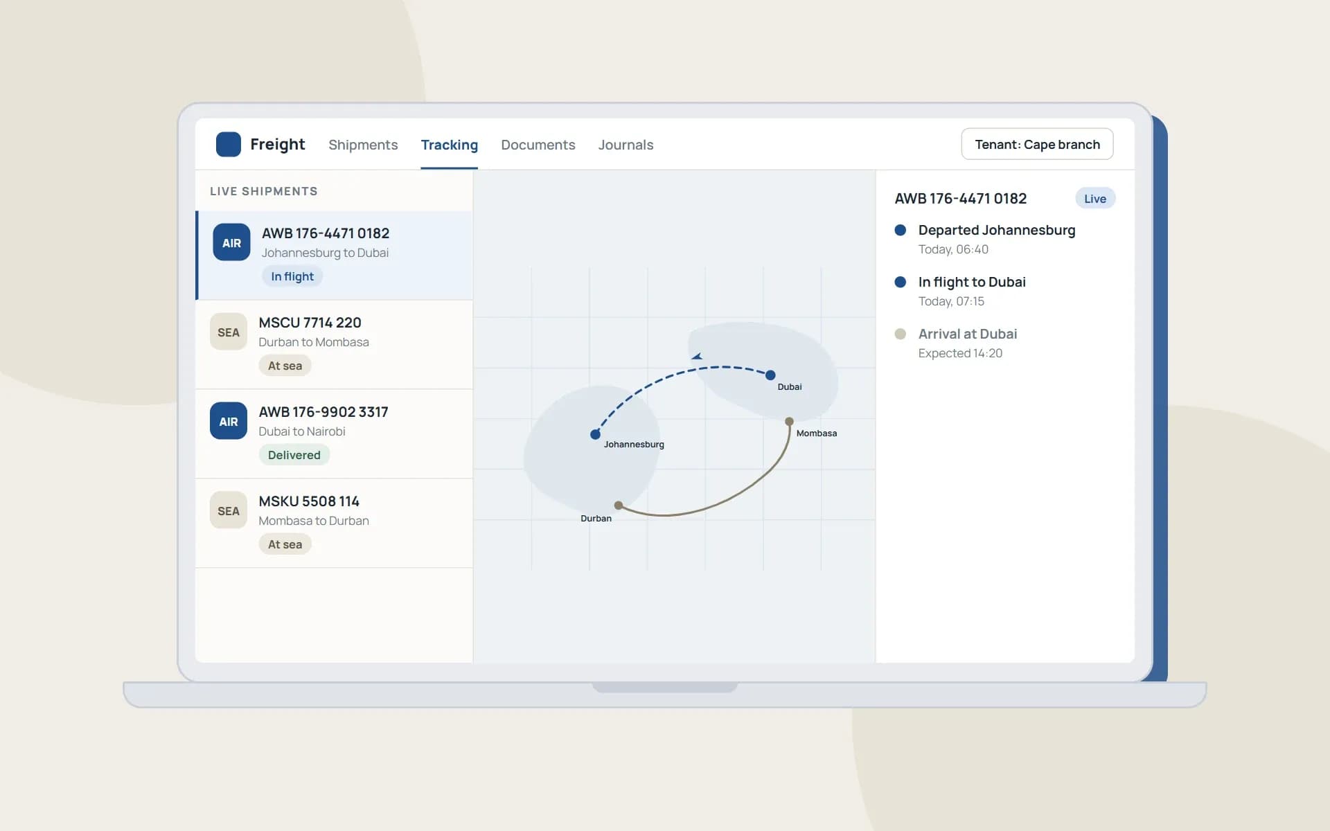 Sample screens of a freight platform on a laptop: a list of live air and sea shipments, a route map and a tracking timeline