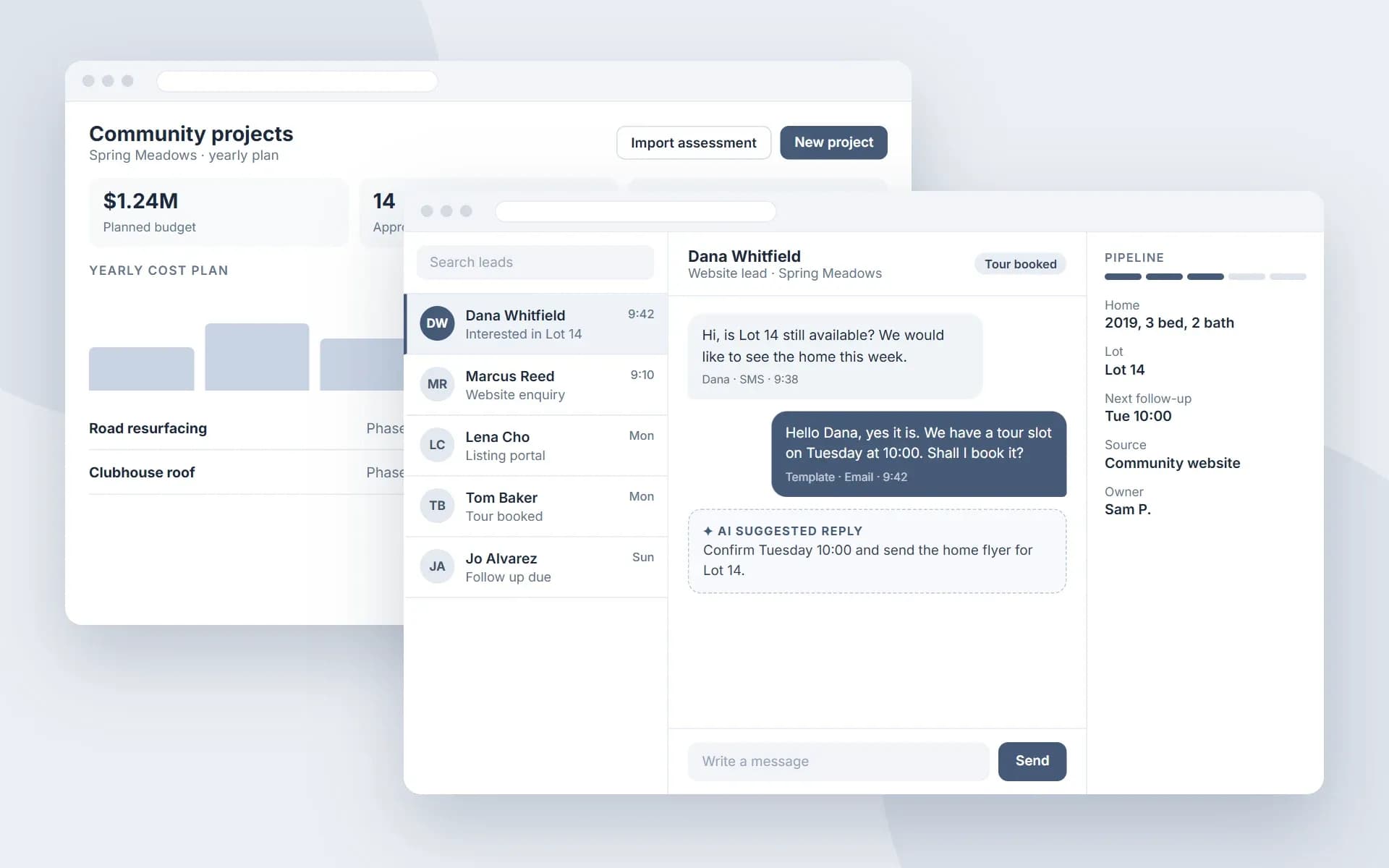 Sample screens of a property management platform: a lead inbox with messages and an AI suggested reply in front of a community projects dashboard