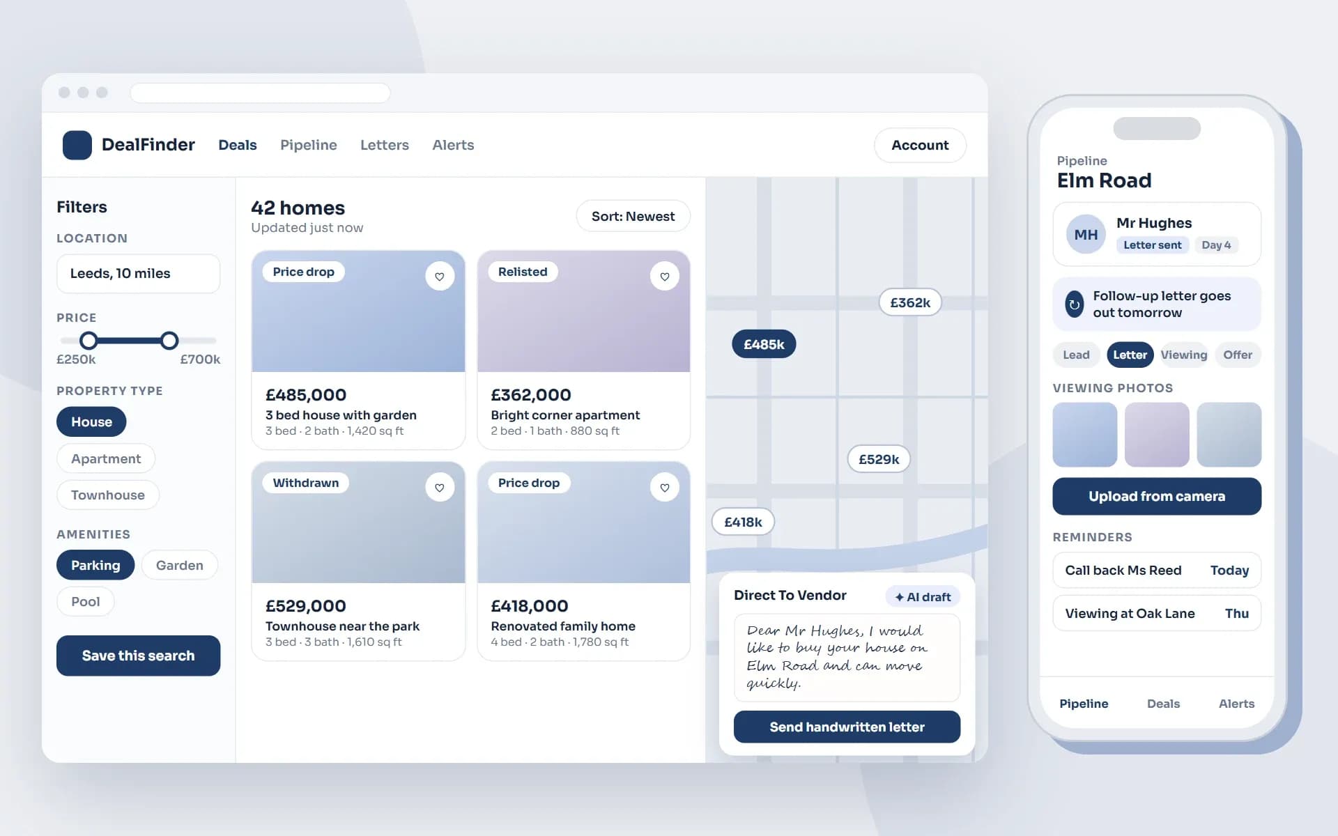 Sample screens of a property investor platform: a web app with search filters, listings with price drop and relisted tags, a map and a Direct To Vendor handwritten letter draft, beside a mobile app with a pipeline, reminders and viewing photos