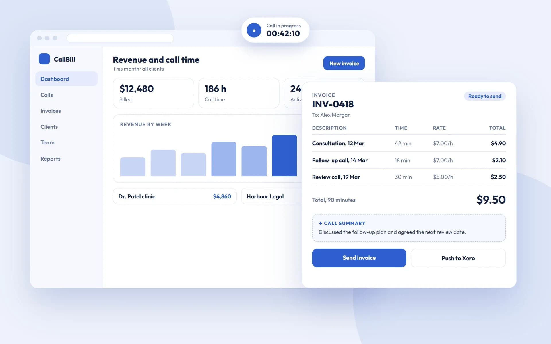 Sample screens of a call billing platform: a revenue dashboard, a live call timer and an invoice built from tracked call time